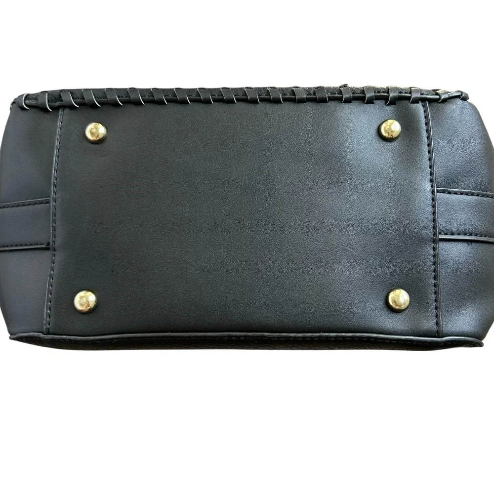 ISABELLE Women’s Nubuck Leather/Vegan Leather Purse Tote Black/Gold Braid Tassel